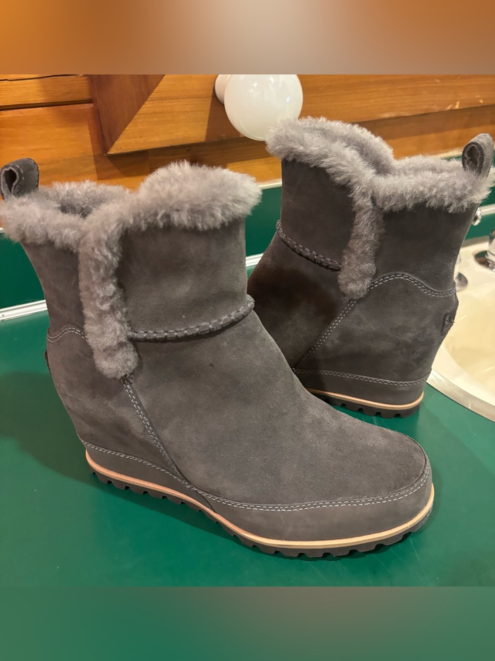 UGG Gray Suede Shearling Trim Wedge Boots | Size 8.5
